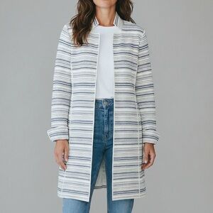 W By Worth Coat Petite P‎ White Navy Stripe Tweed Open Front Jacket Coastal Long